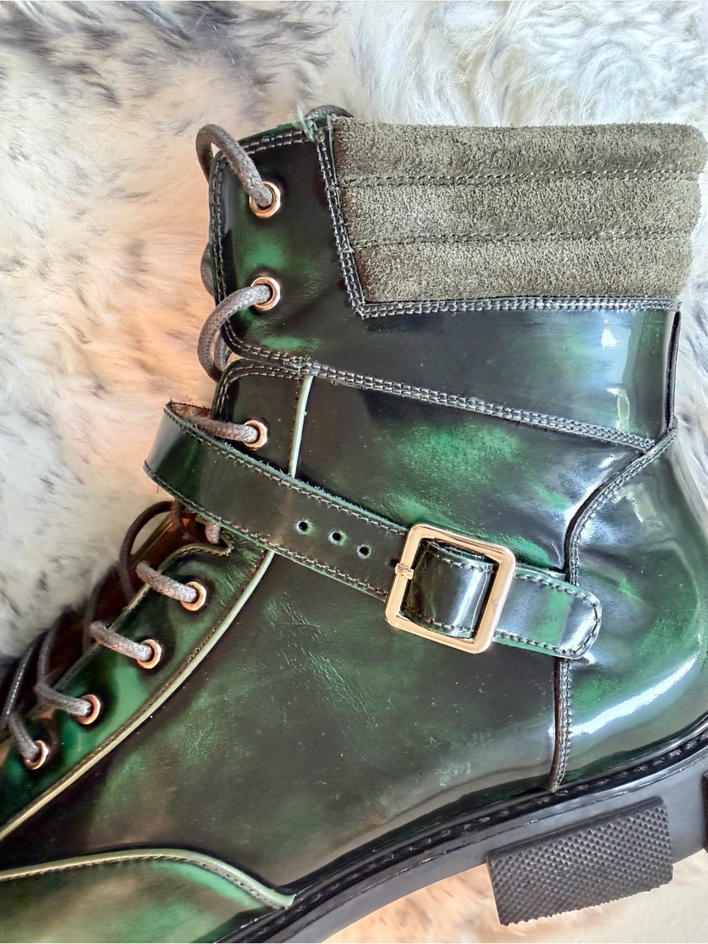 Polished Dark Green Leather Lace-Up Buckle Combat Boots for Men - Picture 5 of 9